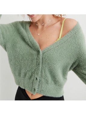 Cropped Fuzzy V-Neck Sweater Cardigan - Sage Green